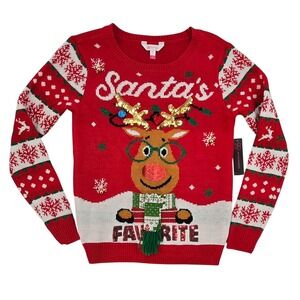 No‎ Boundaries NWT Reindeer Santa's Favorite Ugly Christmas Sweater Red Medium